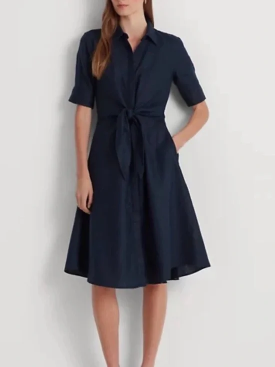 NWT Ralph Lauren Navy Tie-Front Midi Shirt Dress - Picture 1 of 3